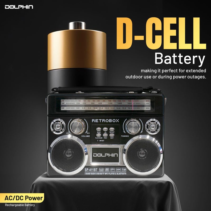 Dolphin RETROBOX Portable Bluetooth AM/FM Radio (Black) - Image 4